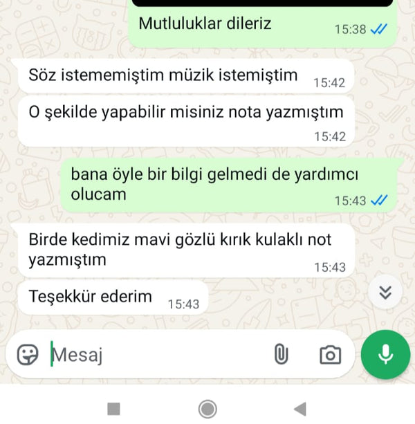 Müşteri mesajı Nurbanu Hanım